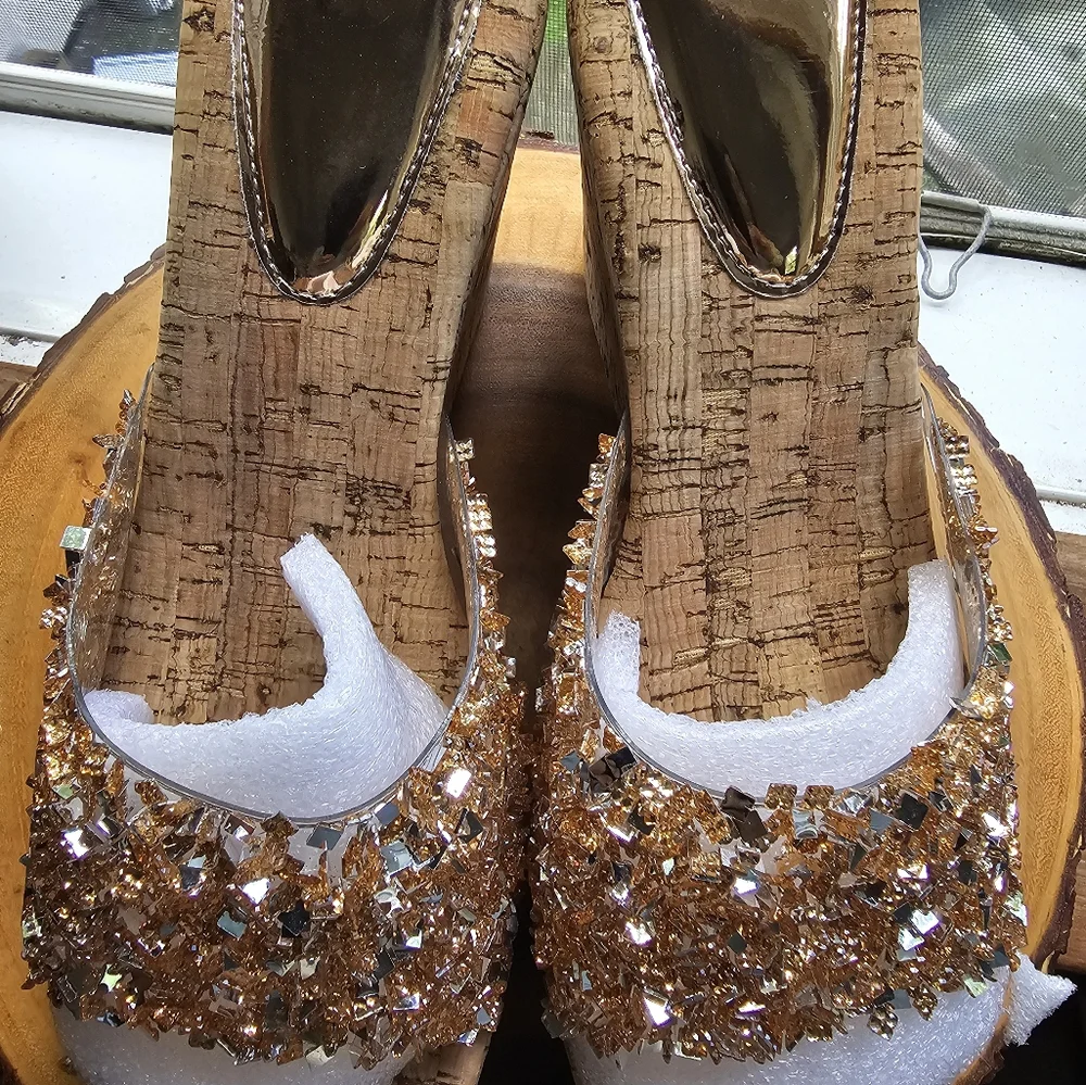 Gold and Tan Wedge Sandals